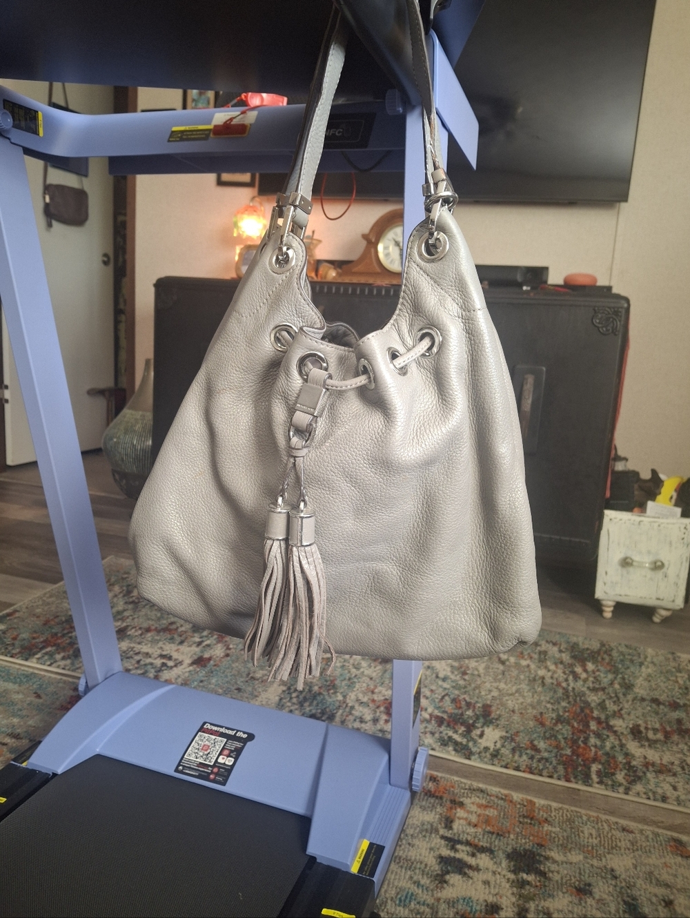 MICHAEL KORS Leather Tassel Drawstring Hobo Bag - Gray
